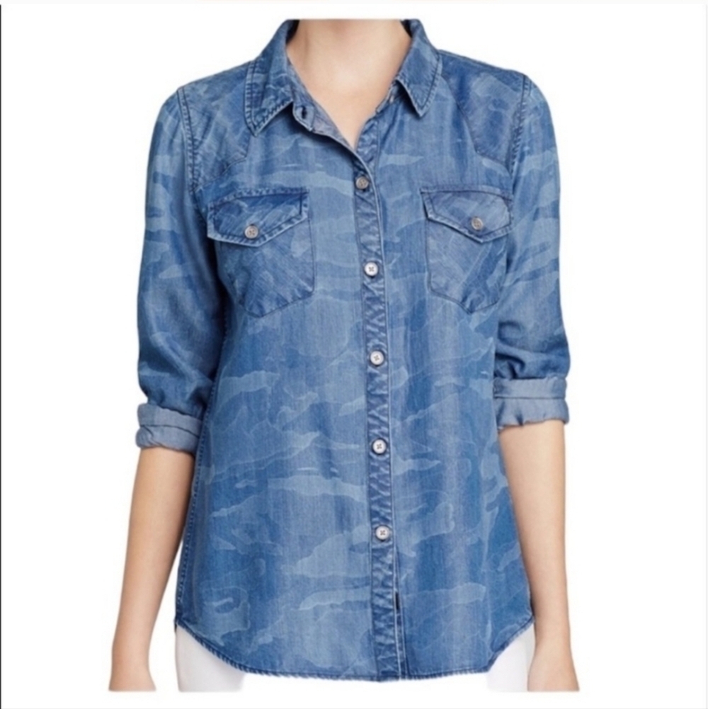 Rails camo tencel denim chambray long sleeve button down shirt xs